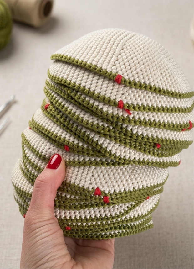 Hand holding a stack of cream Penelope D kippot with olive-green edging
