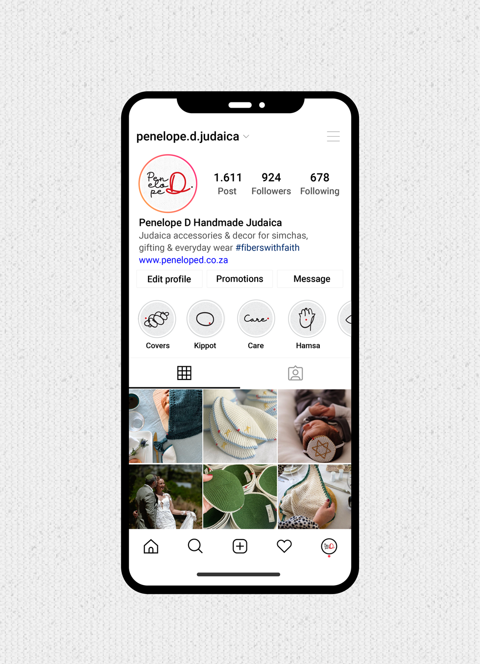 Penelope D Instagram profile displayed on a mobile screen with custom story icons