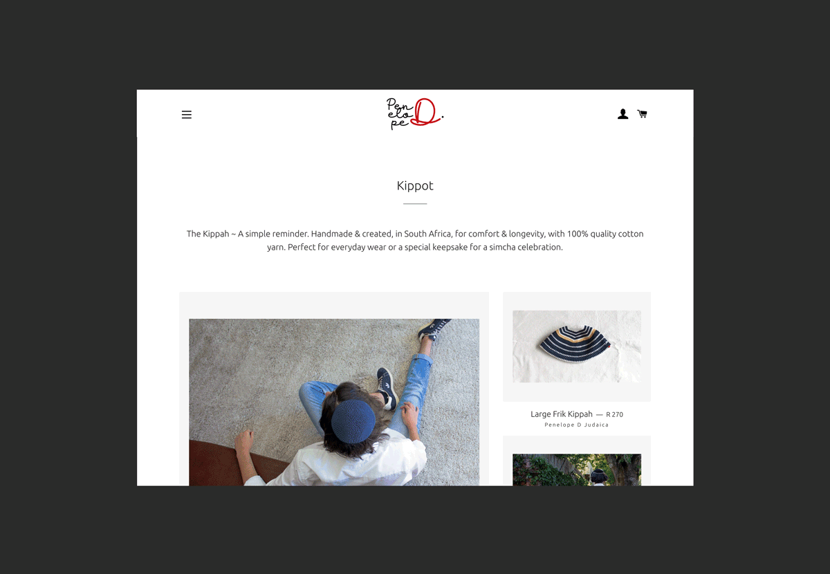 Penelope D Judaica website showing the brand identity across its online shop and digital experience