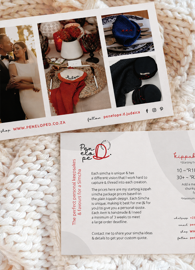 Penelope D promotional card displayed on a cream chunky-knit challah cover with tasselled edges