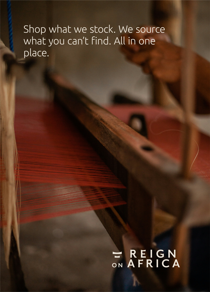Reign On Africa monochrome logo over an image of weave and loom craftsmanship with the tagline Shop what we stock. We source what you can't find. All in one place.