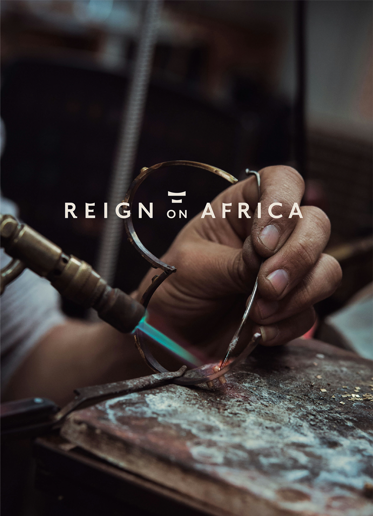 Reign On Africa monochrome logo over a photograph of metalwork craftsmanship