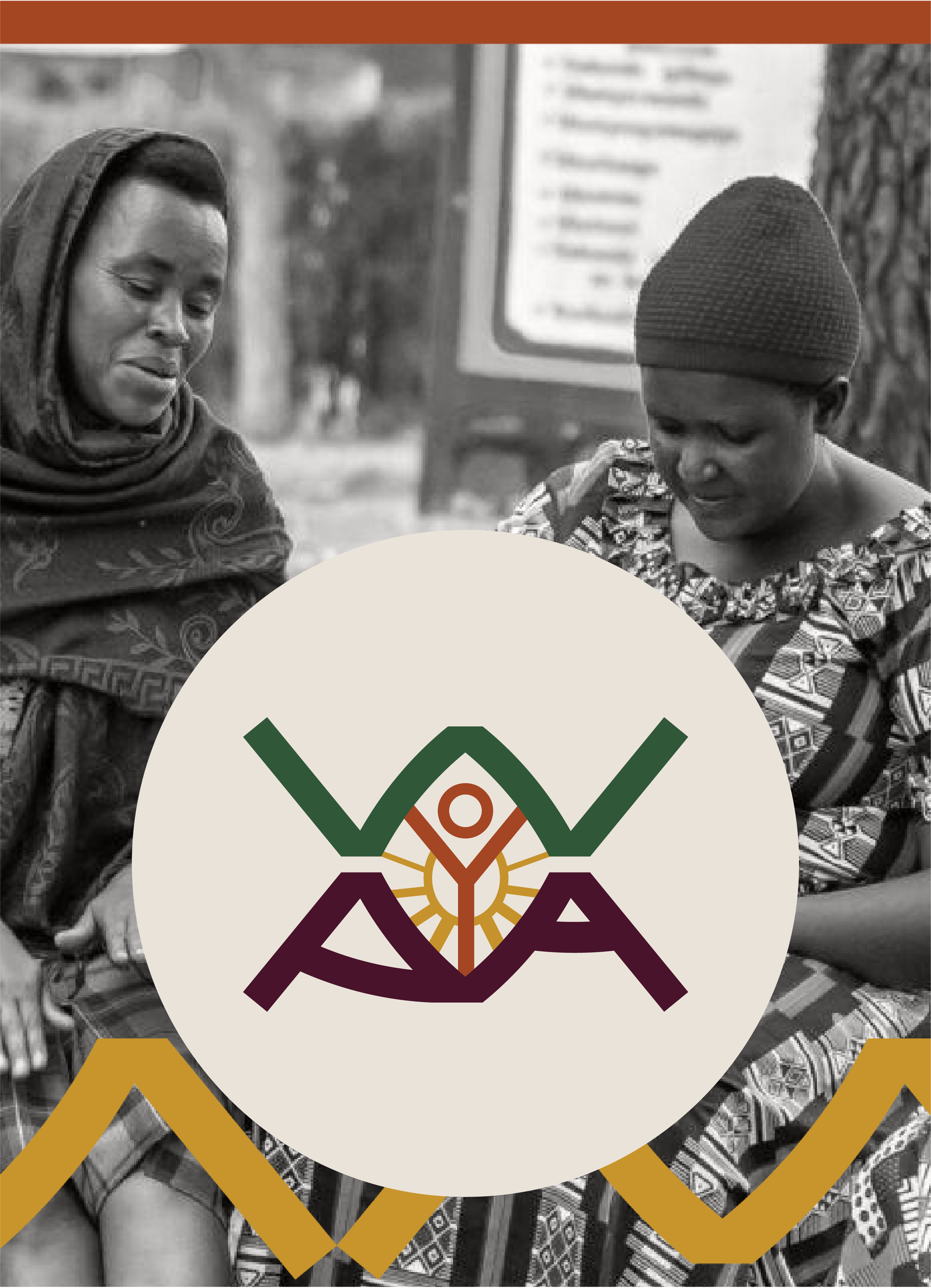 Black and white photograph of women in mediation with the Warriors for Peace Africa logomark and yellow brand pattern